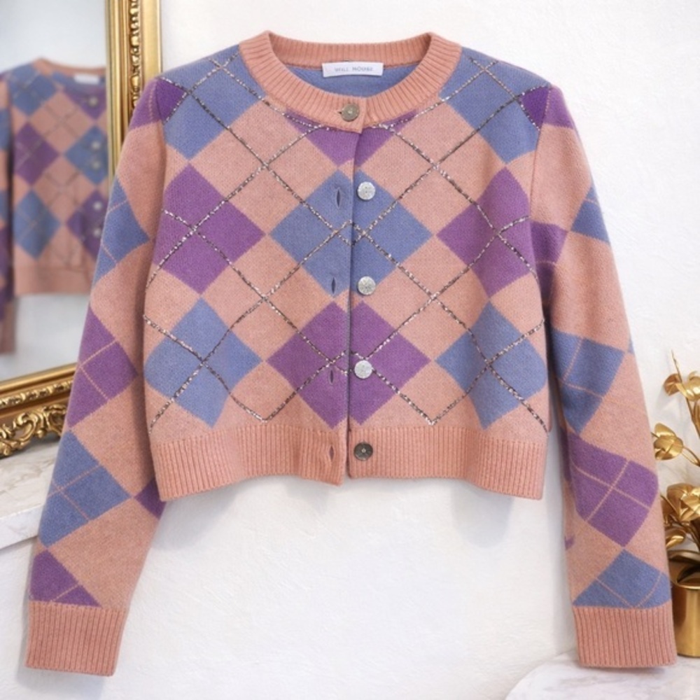 Hill House Pink, Purple, and Blue Argyle Cardigan
